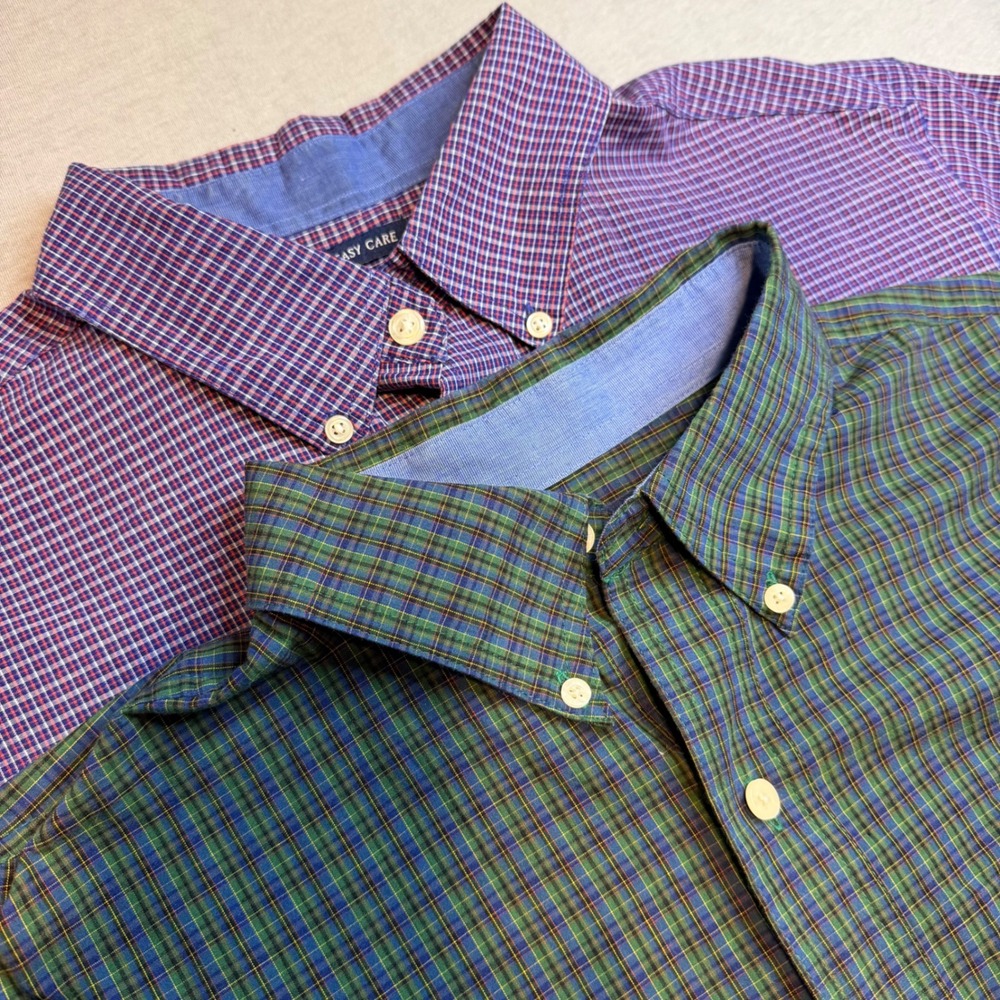 Lot of 2 Chaps Mens Easy‎ Care Plaid Button Down Shirts Large Green Purple Check